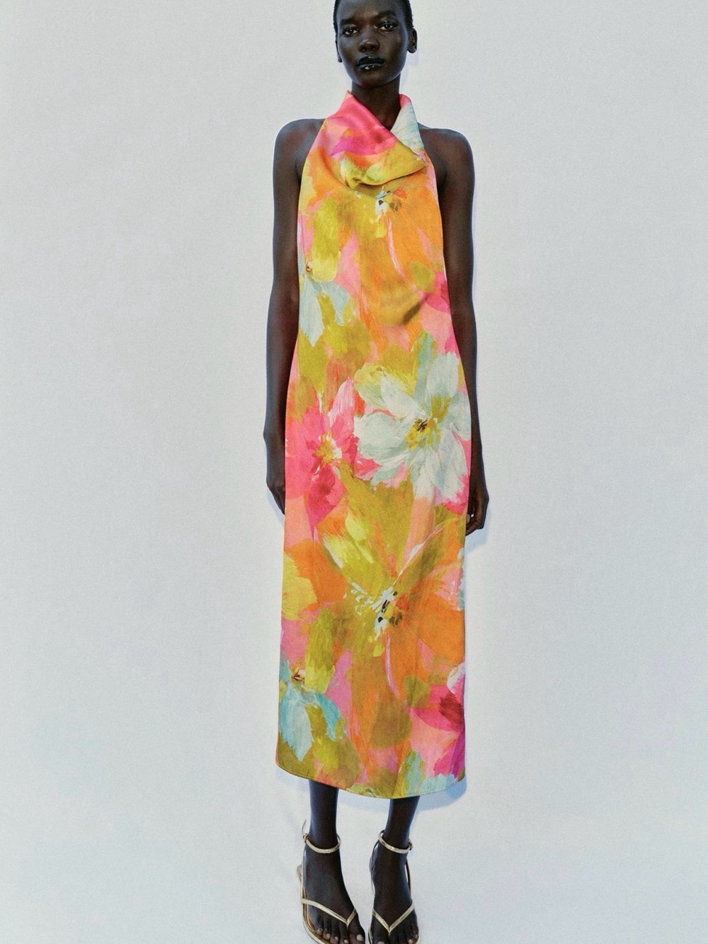 ZARA Floral Halter Midi Dress in Pink and Yellow